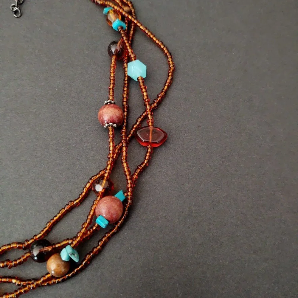 Amber and blue tones-seed bead and wood bead multi strand necklace